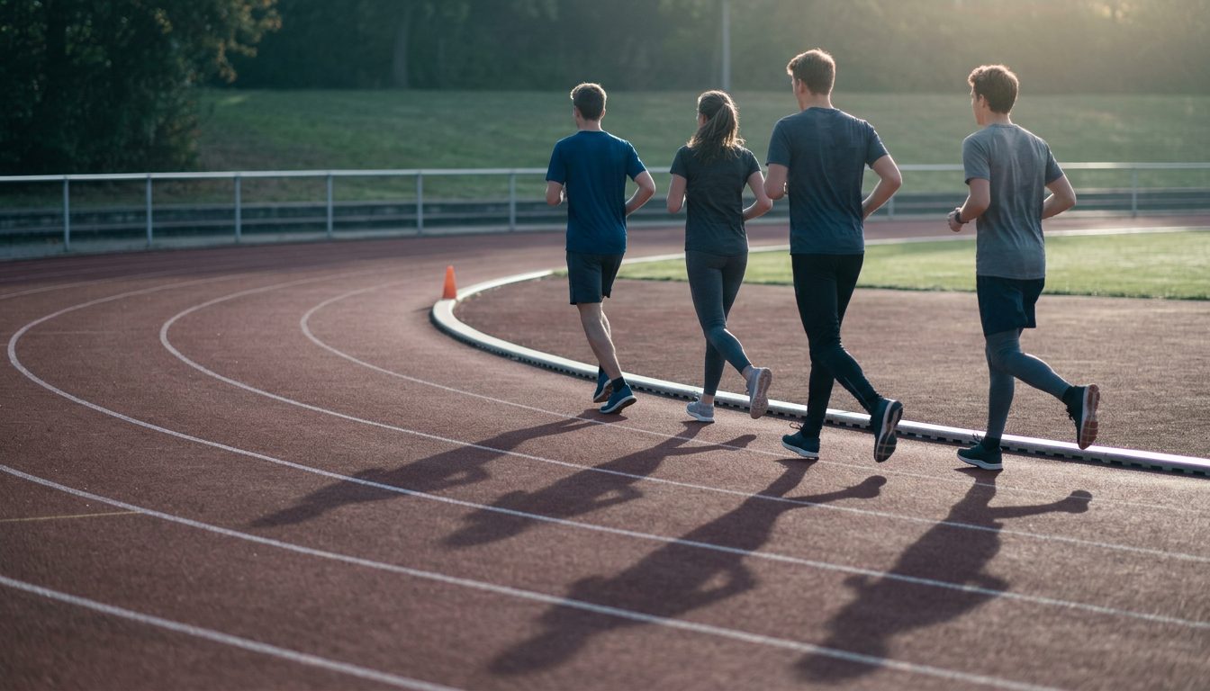 KI-generiertes Symbolbild: Läufergruppe beim Einlaufen auf der Tartanbahn, Thema Sporteignungstest Baden-Württemberg