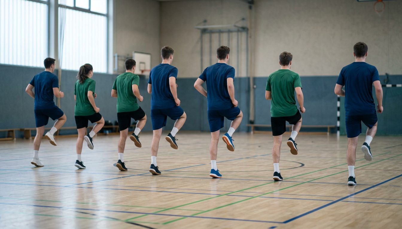 KI-generiertes Symbolbild: Reihe bei Kniehebelauf-Übungen in der Sporthalle, Thema Sporteignungstest Nordrhein-Westfalen