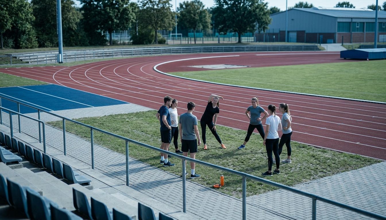 KI-generiertes Symbolbild: Gruppe beim Dehnen auf dem Bahn-Innenfeld, Thema Sporteignungstest Niedersachsen