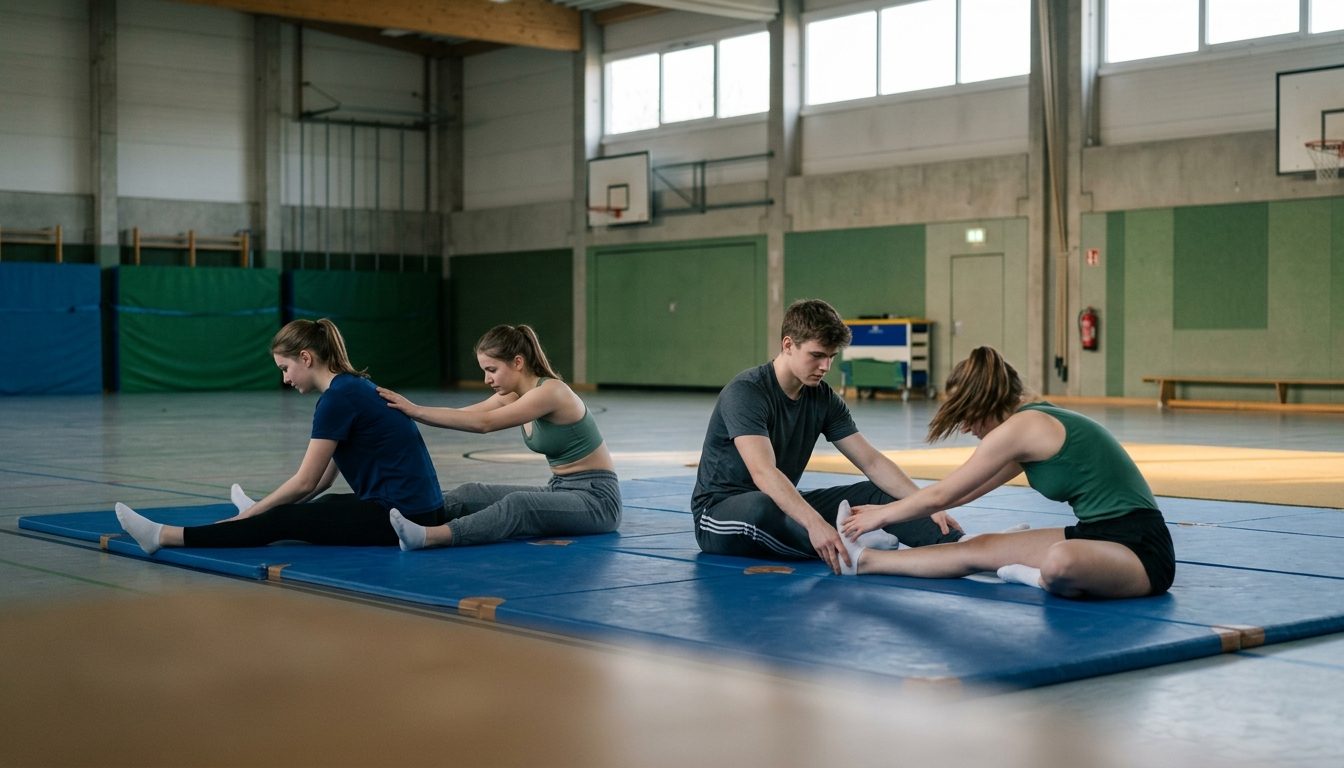 KI-generiertes Symbolbild: Zwei Paare beim Partnerdehnen in der Sporthalle, Thema Sporteignungstest Hessen