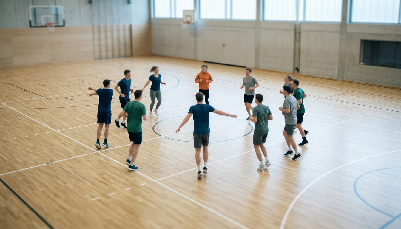 KI-generiertes Symbolbild: Gruppe beim Armkreisen in der Sporthalle, Thema Sporteignungstest Sachsen