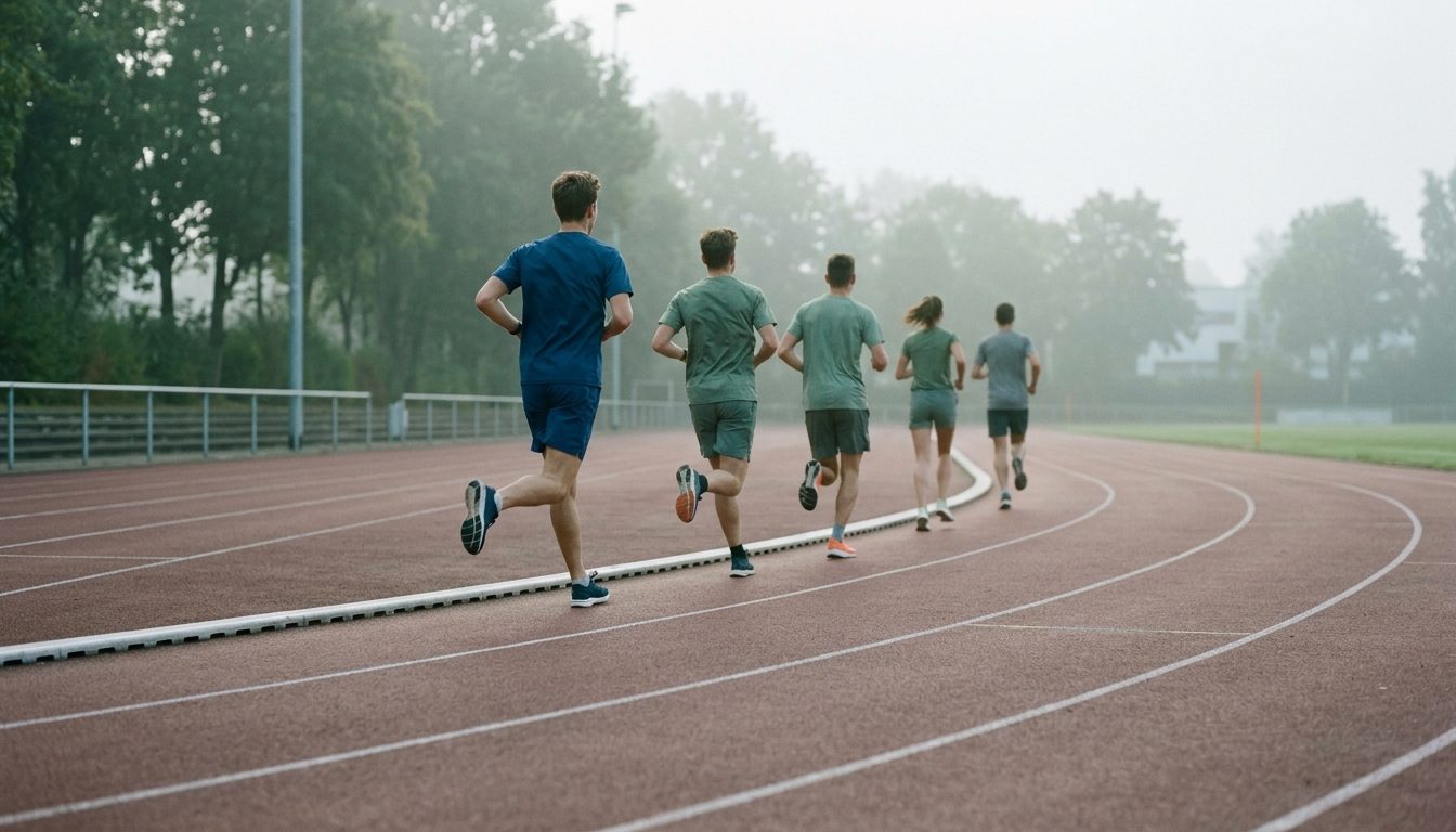 KI-generiertes Symbolbild: Läuferreihe im Morgennebel auf der Freiluftbahn, Thema Sporteignungstest Sachsen-Anhalt