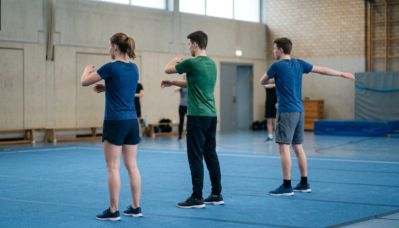 KI-generiertes Symbolbild: Kleingruppe beim Armkreisen vor dem Lauftraining, Thema Sporteignungstest Thüringen