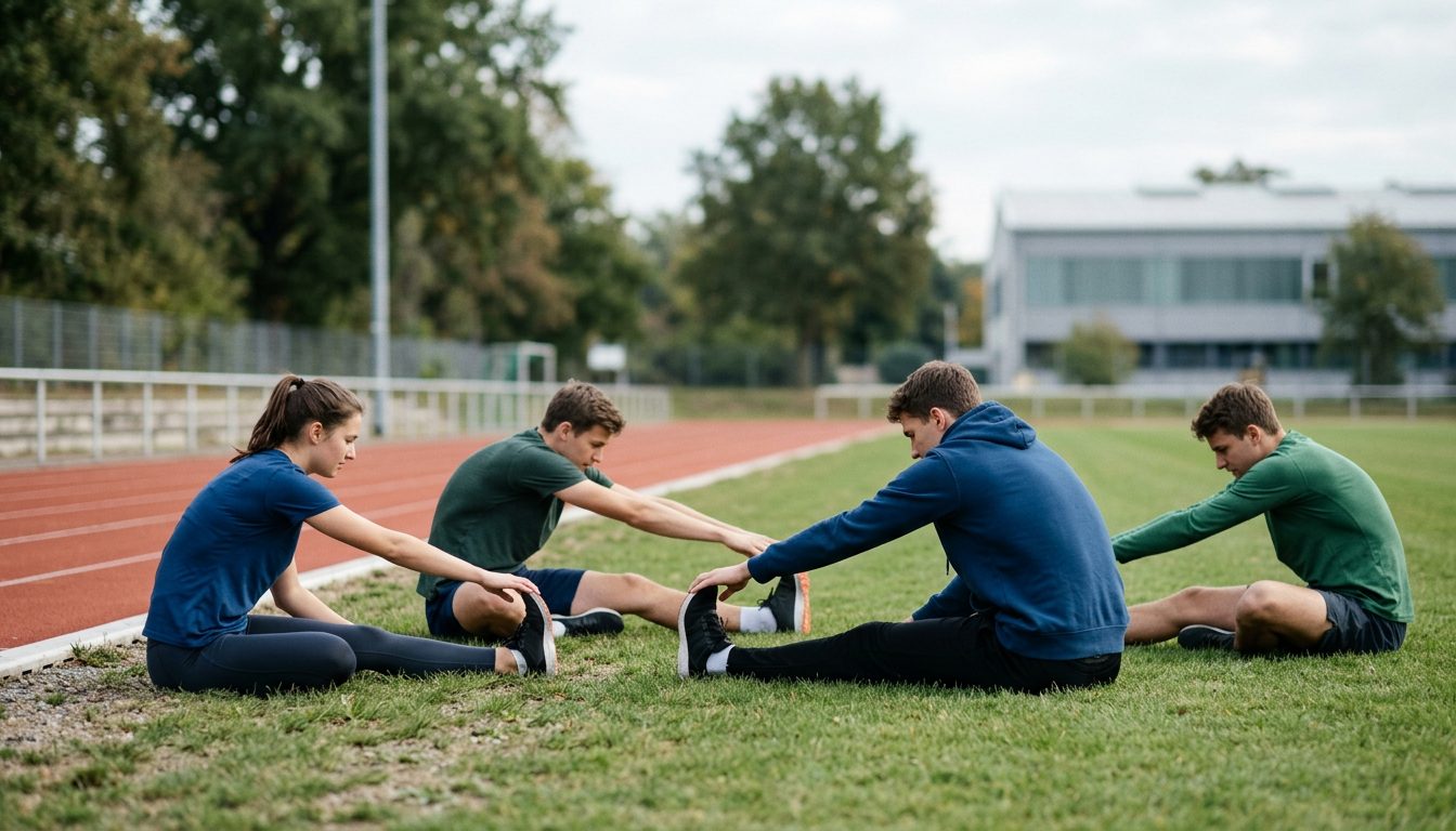KI-generiertes Symbolbild: Vier Erwachsene beim Beindehnen an der Laufbahn, Thema Sporteignungstest Brandenburg