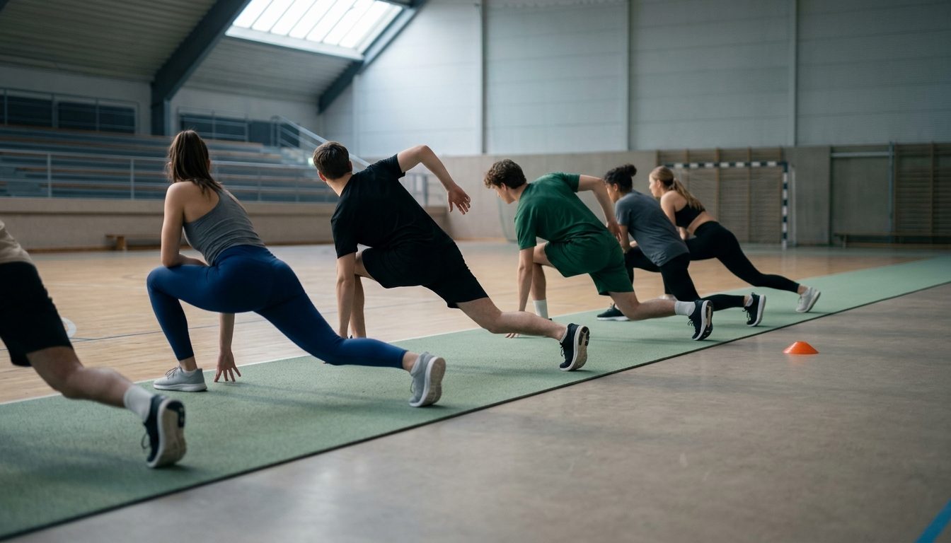 KI-generiertes Symbolbild: Reihe beim dynamischen Dehnen in der Sporthalle, Thema Sporteignungstest Berlin