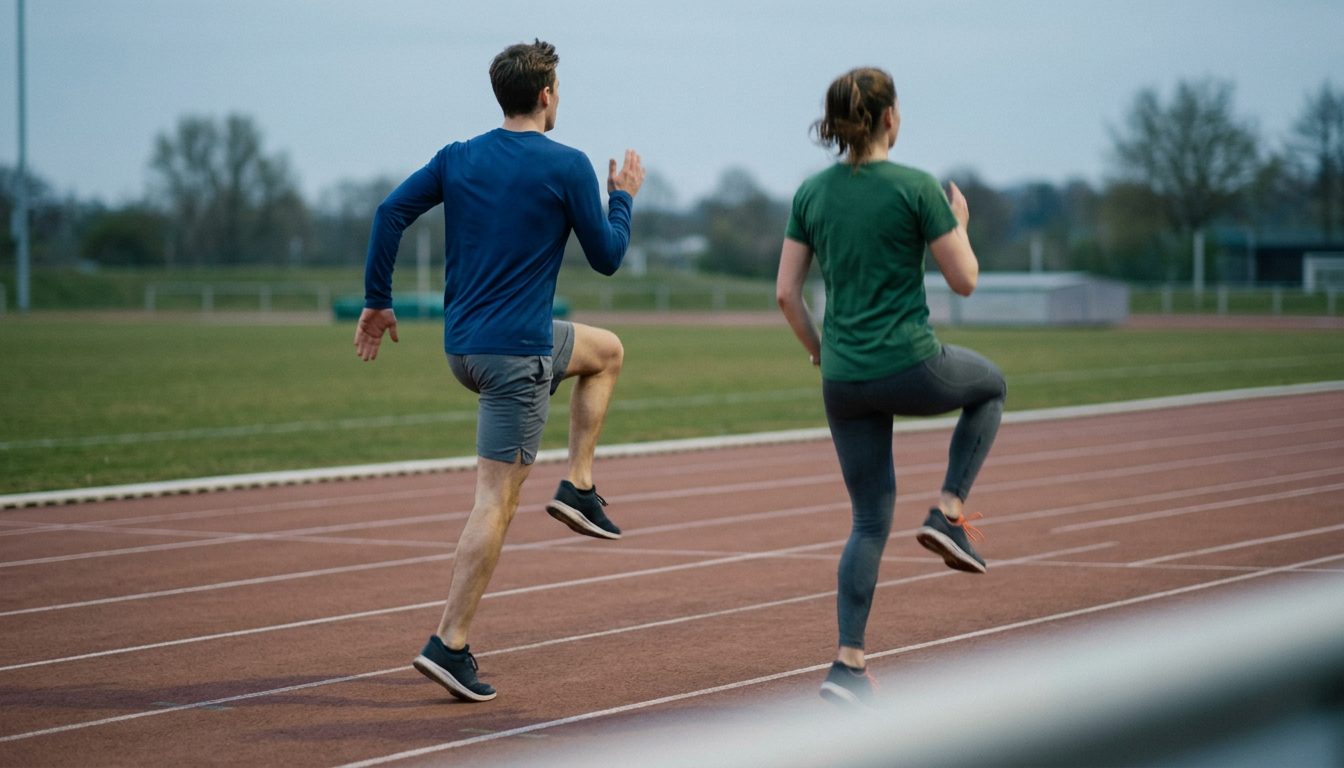 KI-generiertes Symbolbild: Zwei beim Kniehebe-Aufwärmen auf der Freiluftbahn, Thema Sporteignungstest Hamburg