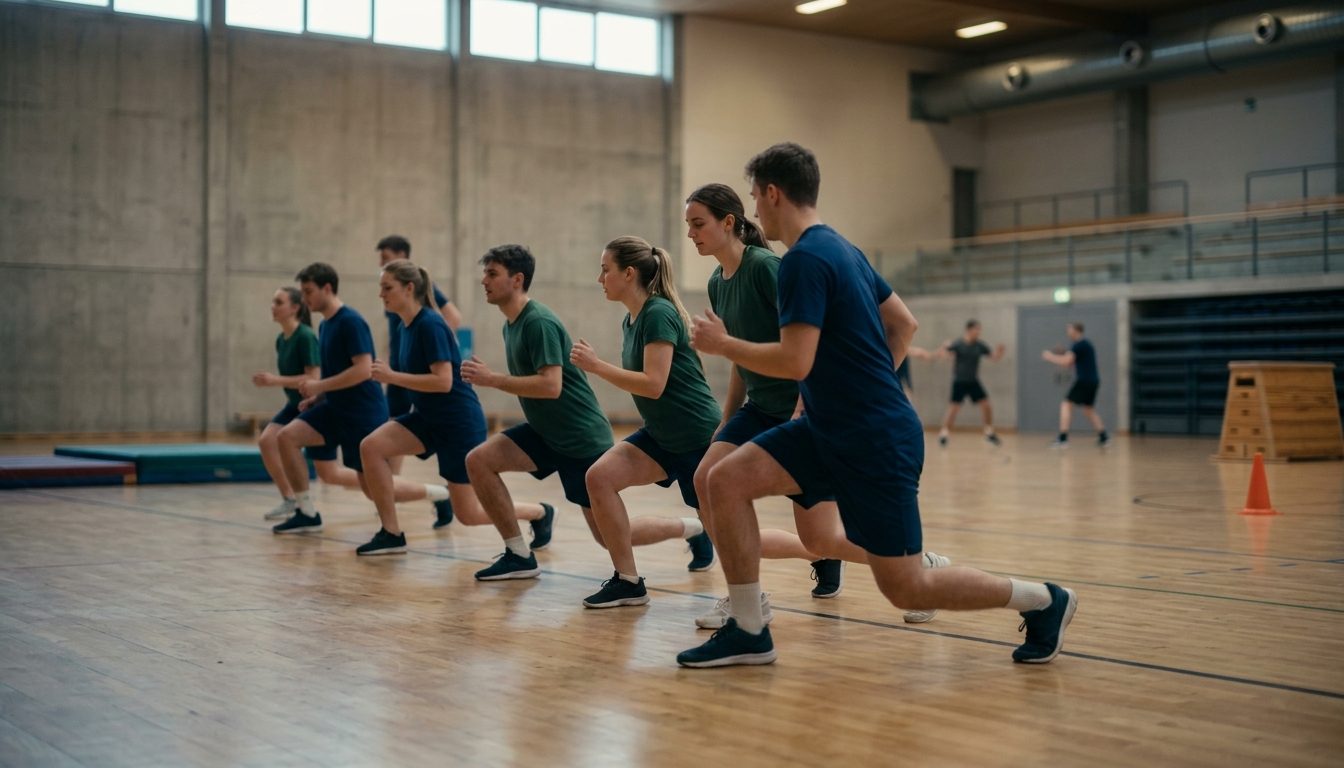 KI-generiertes Symbolbild: Gruppe bei Ausfallschritten in der Sporthalle, Thema Sporteignungstest Bremen