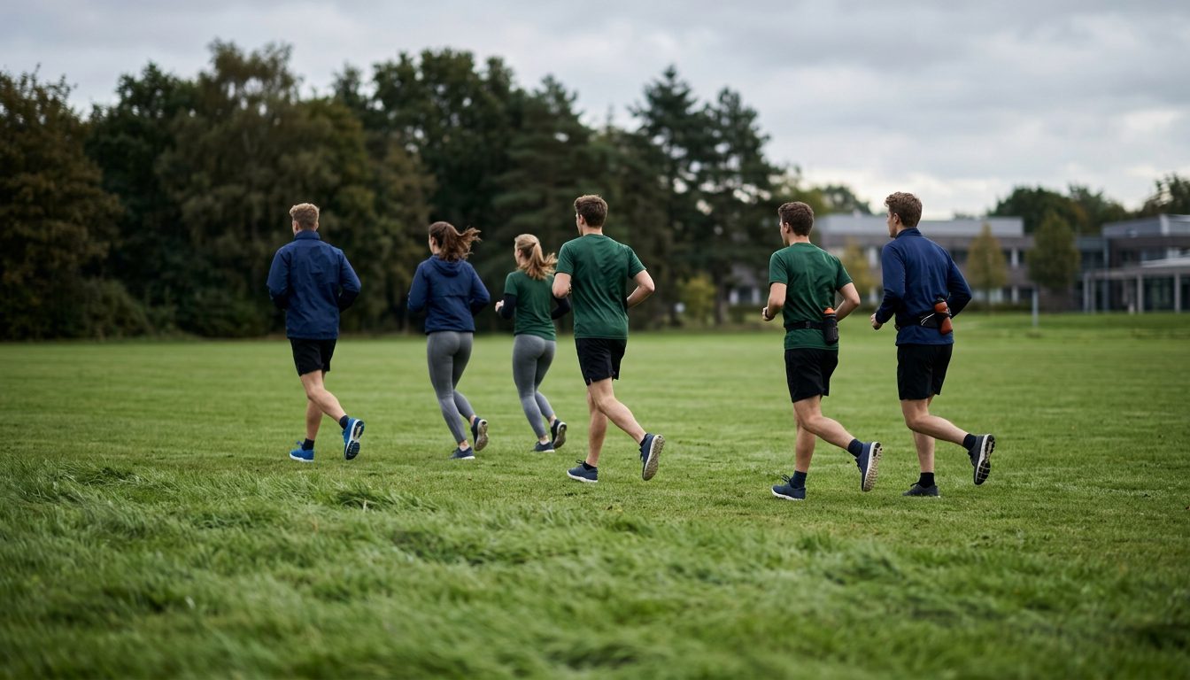 KI-generiertes Symbolbild: Gruppe beim Joggen auf offenem Sportfeld, Thema Sporteignungstest Schleswig-Holstein