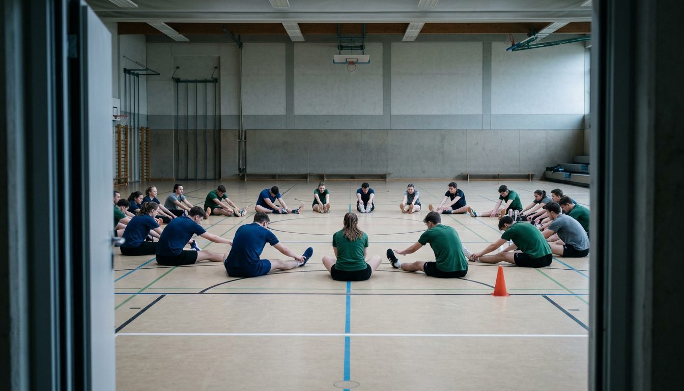 KI-generiertes Symbolbild: Gruppe beim Dehnen im Kreis in der Sporthalle, Thema Sporteignungstest Mecklenburg-Vorpommern