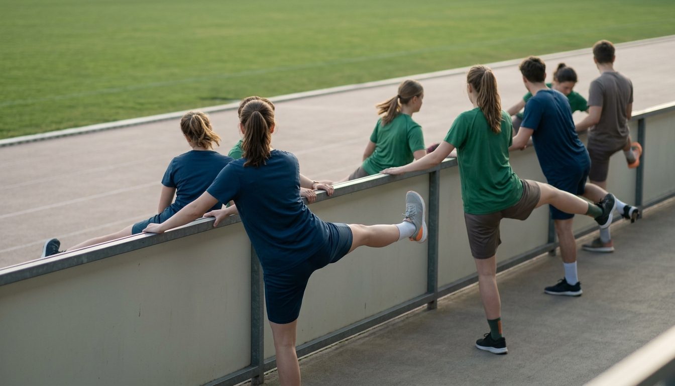 KI-generiertes Symbolbild: Paare beim Beinschwingen an der Freiluftbahn, Thema Sporteignungstest Saarland