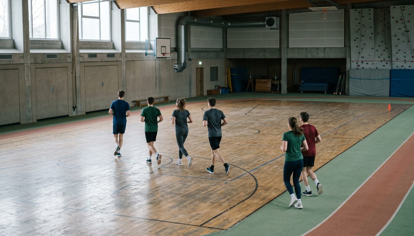 KI-generiertes Symbolbild: Gruppe beim Einlaufen in der Sporthalle, Thema Sporteignungsprüfung Österreich
