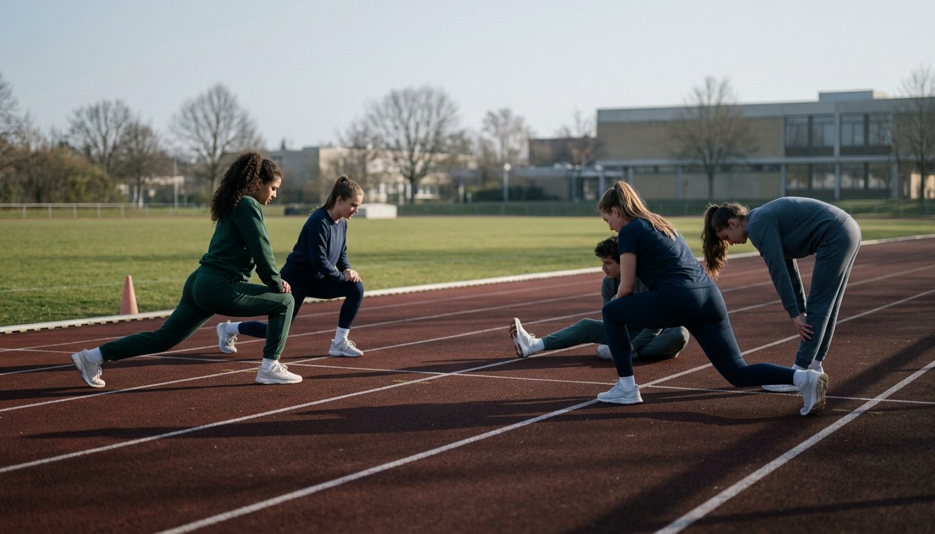 KI-generiertes Symbolbild: Reihe beim Dehnen auf der Freiluftbahn, Thema Sporteignungstest Schweiz