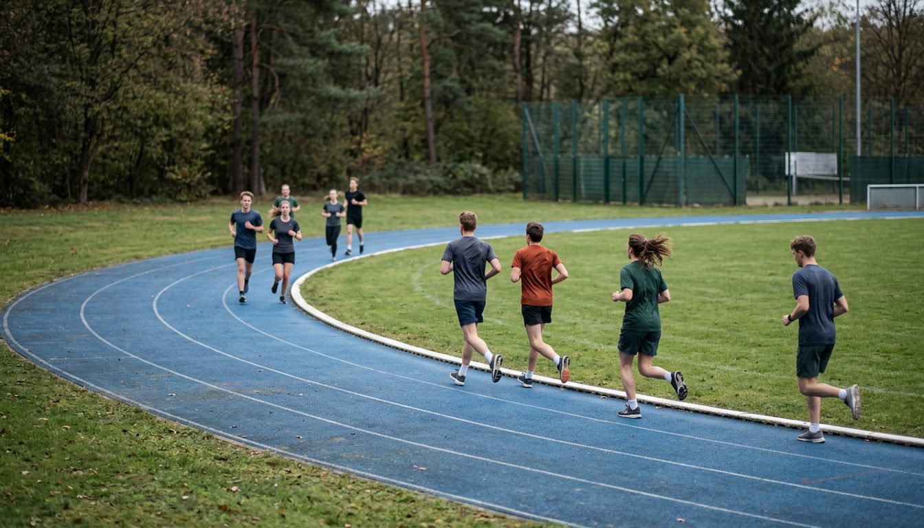 KI-generiertes Symbolbild: Läufer verteilt auf einer Rundbahn, Thema Cooper-Test