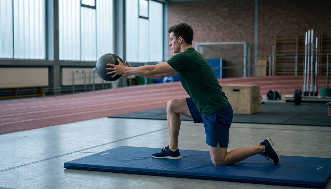 KI-generiertes Symbolbild: Athlet beim Medizinballstoß auf der Matte, Thema Medizinballwurf