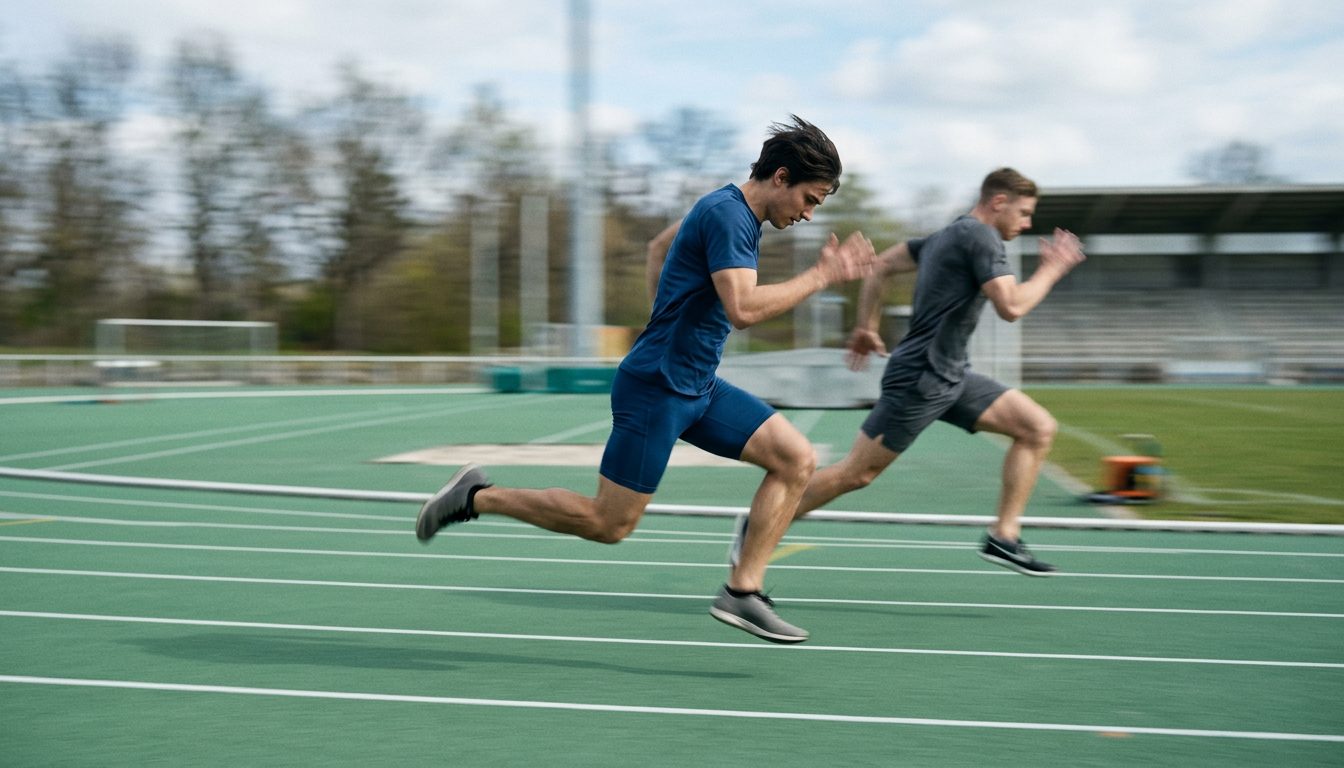 KI-generiertes Symbolbild: Zwei Sprinter im vollen Lauf auf der Bahn, Thema Sprint 100 m