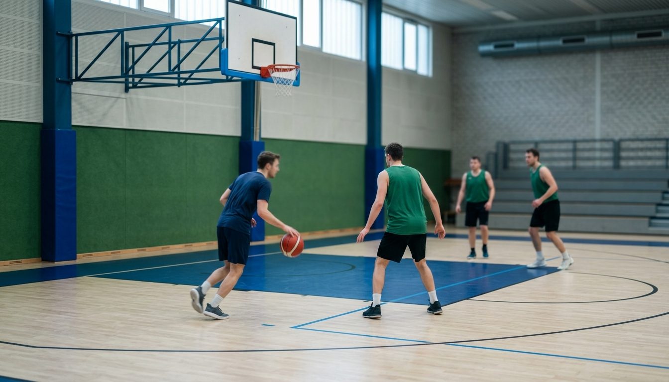 KI-generiertes Symbolbild: Kleingruppe beim Basketball-Dribbling in der Halle, Thema Basketball