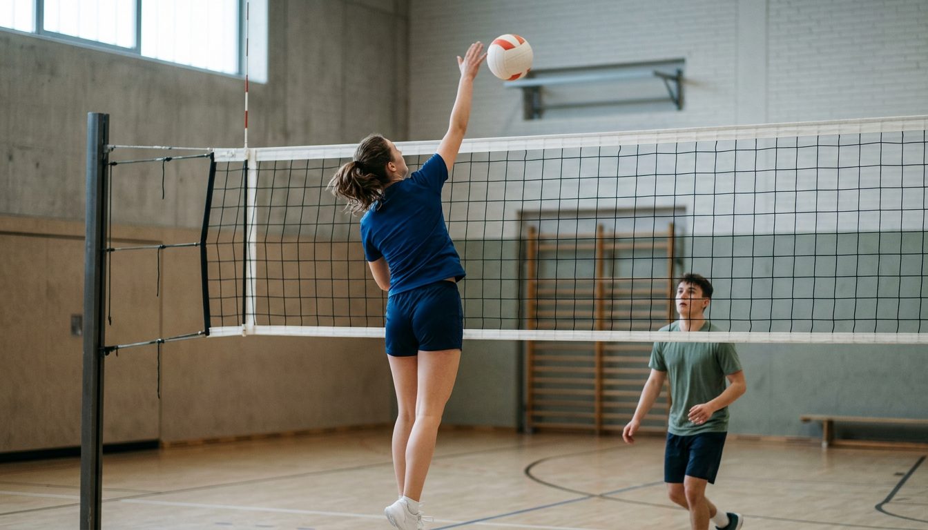 KI-generiertes Symbolbild: Spieler im Sprung zum Angriffsschlag am Netz, Thema Volleyball