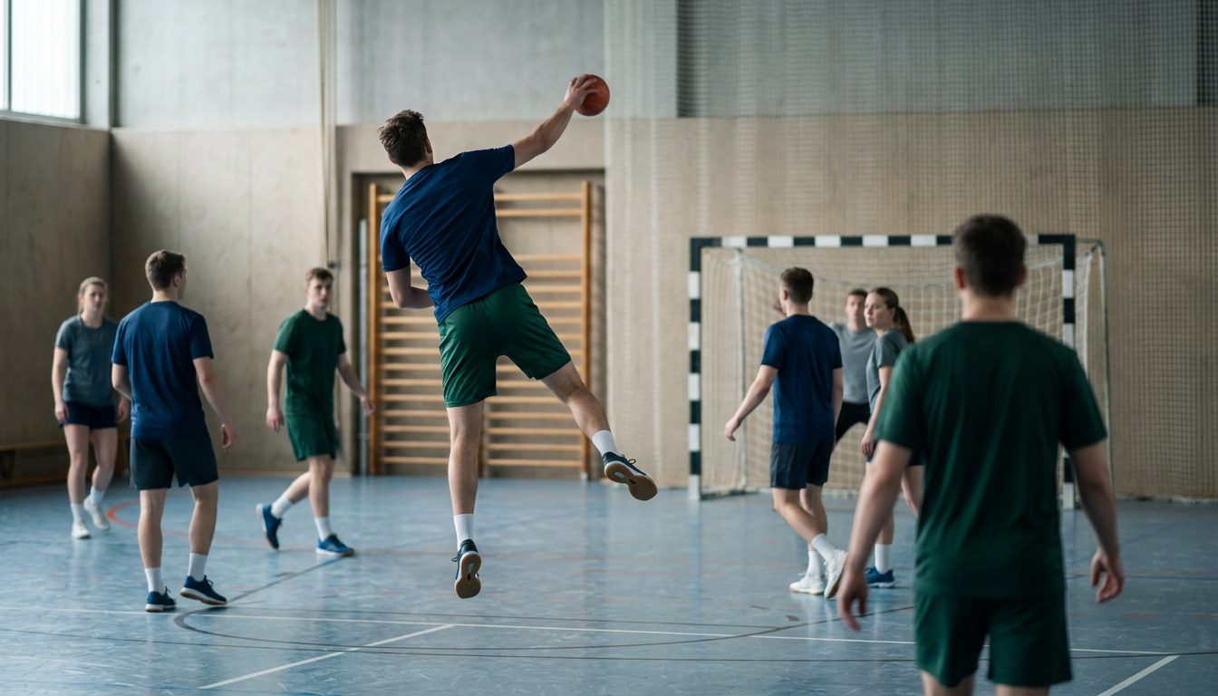 KI-generiertes Symbolbild: Spieler im Sprungwurf auf das Handballtor, Thema Handball