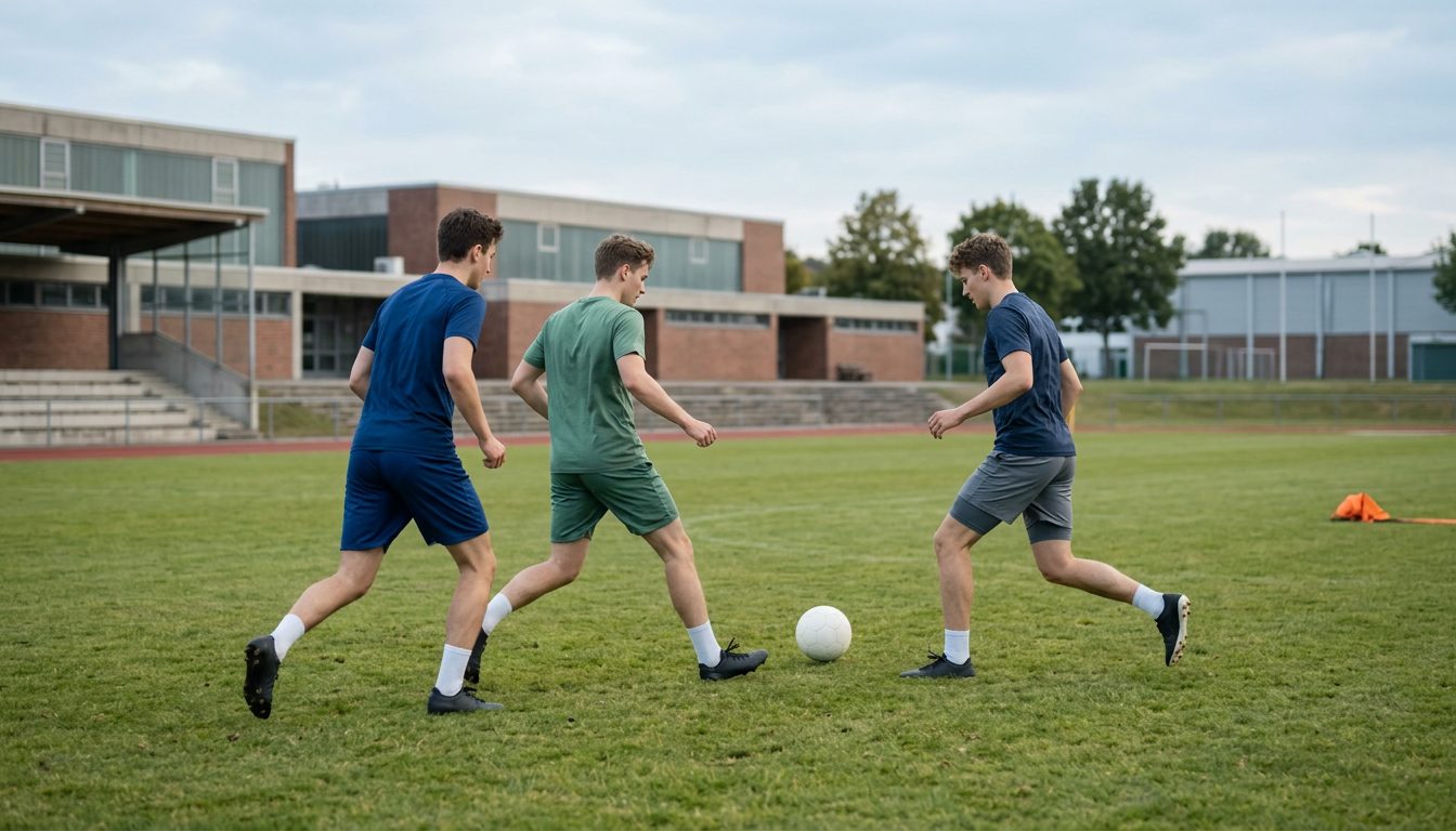 KI-generiertes Symbolbild: Kleingruppe beim Passspiel auf dem Rasenplatz, Thema Fußball
