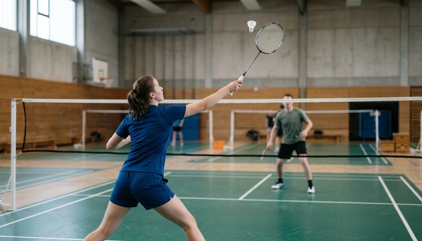 KI-generiertes Symbolbild: Spieler im Ausholschlag auf dem Badmintonfeld, Thema Badminton