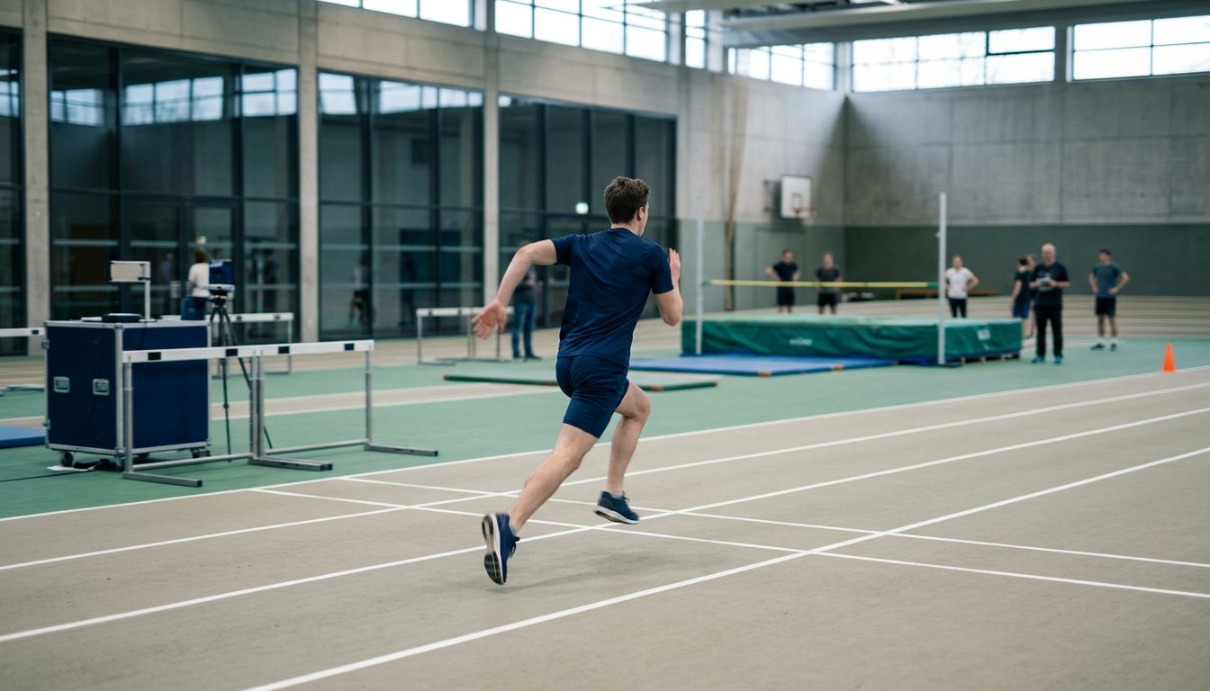 KI-generiertes Symbolbild: Athlet im Sprint durch die Teststation-Halle, Thema Sporteignungstest Köln