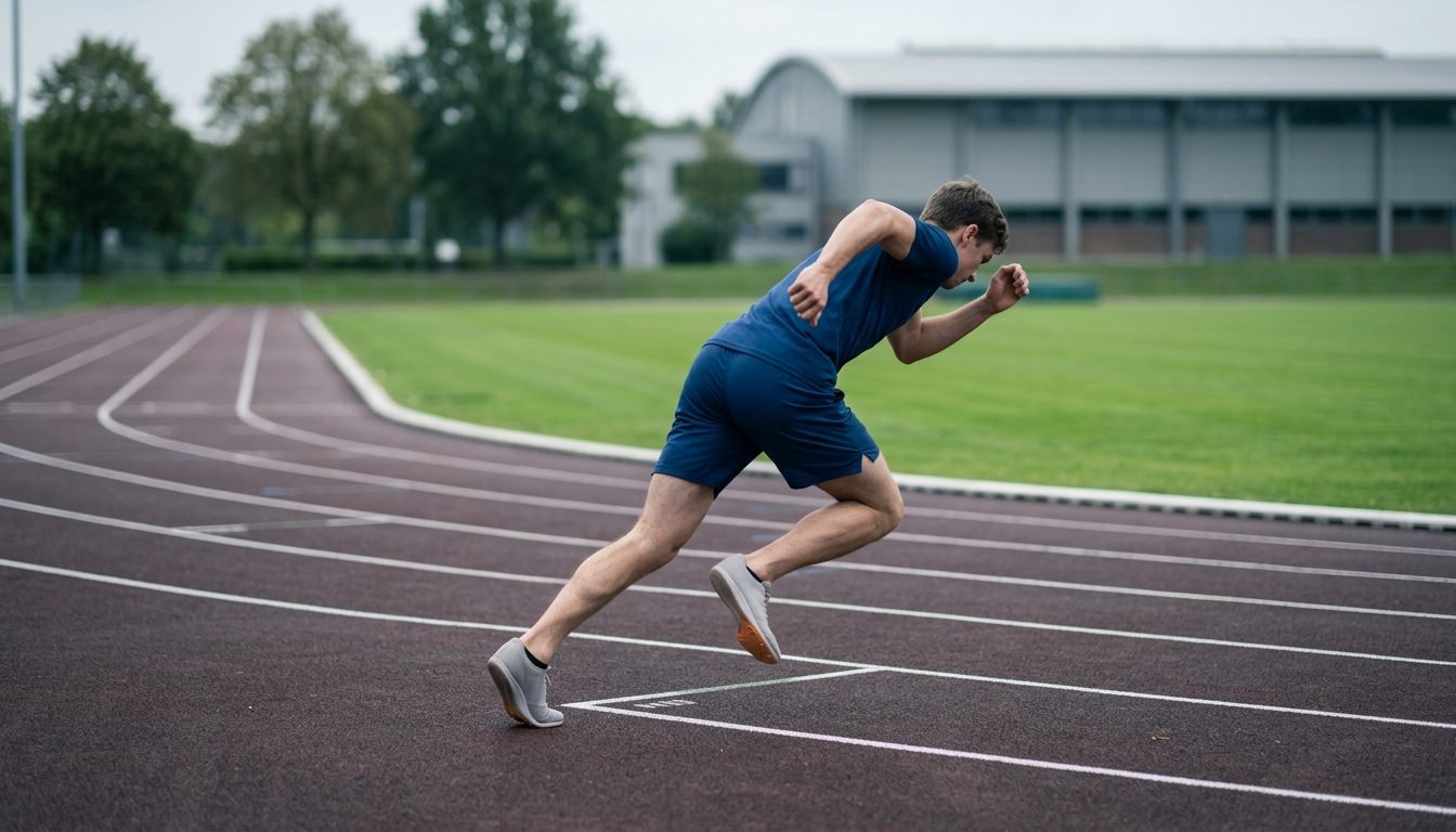 KI-generiertes Symbolbild: Athlet im Antritt aus dem Tiefstart, Thema Sporteignungstest Wuppertal