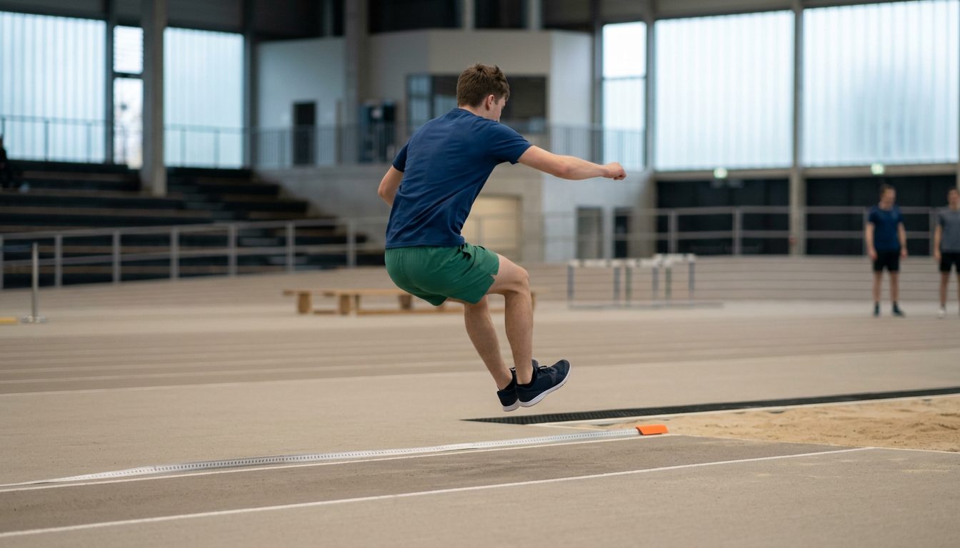 KI-generiertes Symbolbild: Athlet im Absprung des Standweitsprungs, Thema Sporteignungstest Dortmund