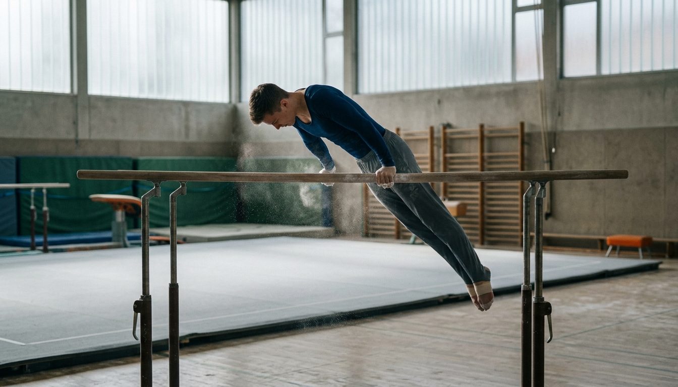KI-generiertes Symbolbild: Athlet bei einer Übung am Reck, Thema Sporteignungstest Essen
