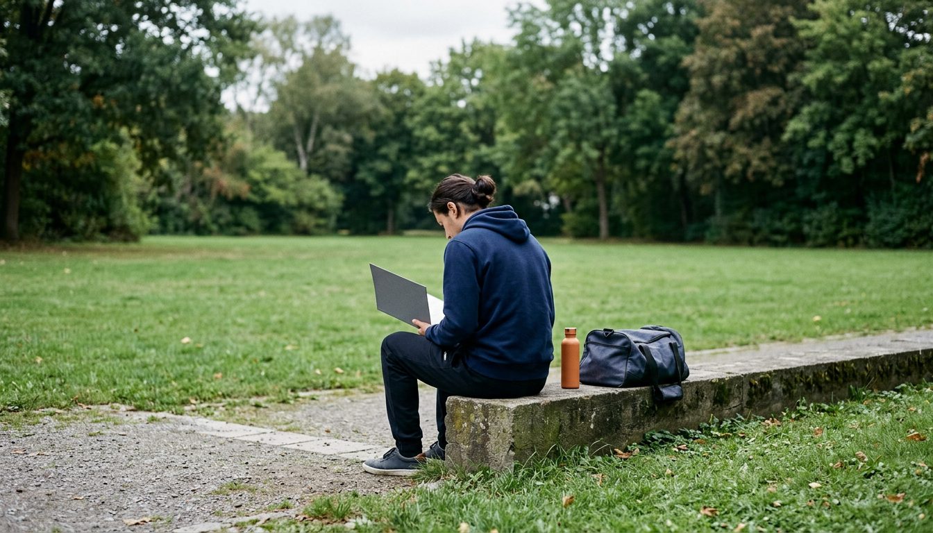 KI-generiertes Symbolbild: Studierende mit Mappe auf der Campuswiese, Thema Sporteignungstest Bielefeld