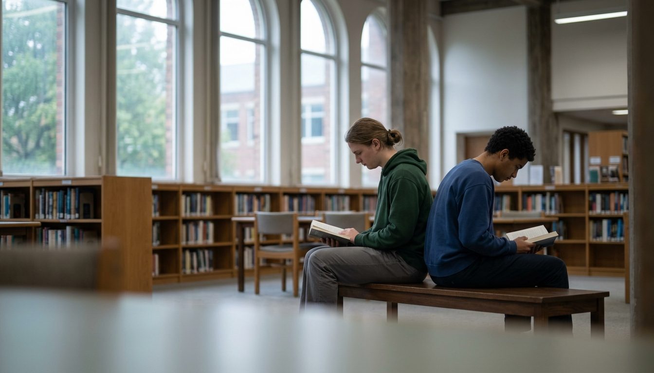 KI-generiertes Symbolbild: Zwei Studierende lesen im Bibliothekssaal, Thema Sporteignungstest Bonn