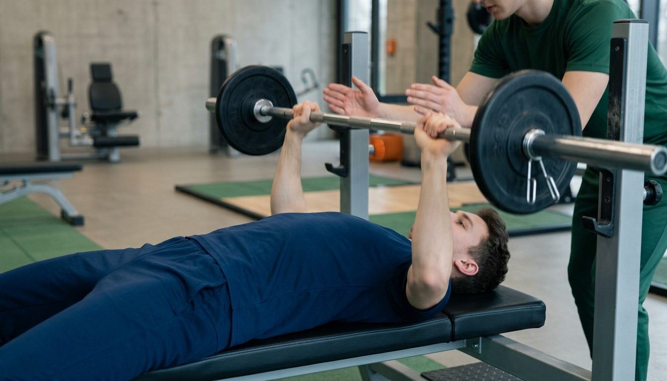 KI-generiertes Symbolbild: Athlet beim Bankdrücken im Kraftraum, Thema Sporteignungstest Koblenz