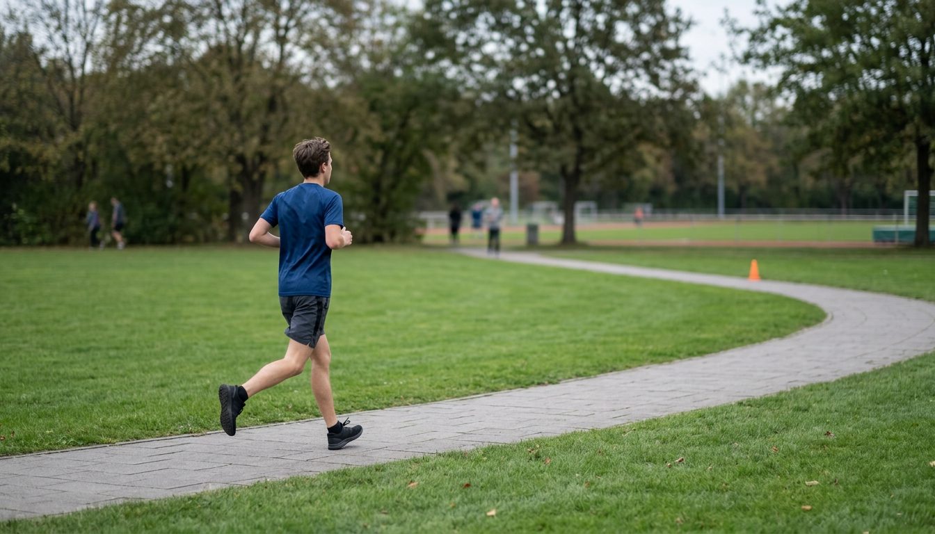 KI-generiertes Symbolbild: Studierende joggt locker auf dem Campusweg, Thema Sporteignungstest Saarbrücken