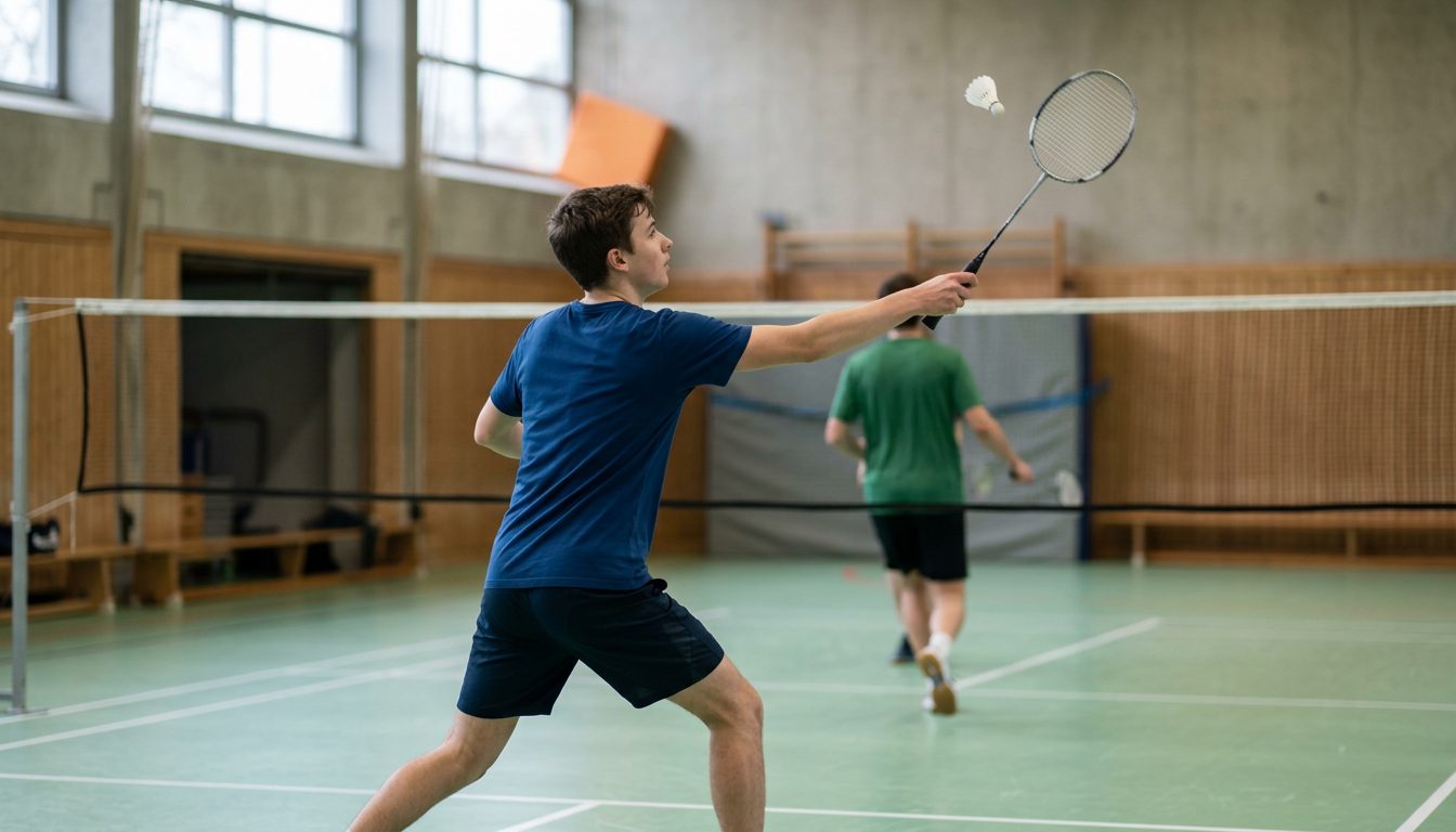KI-generiertes Symbolbild: Spieler im Ausholschlag beim Badminton, Thema Sporteignungstest Frankfurt