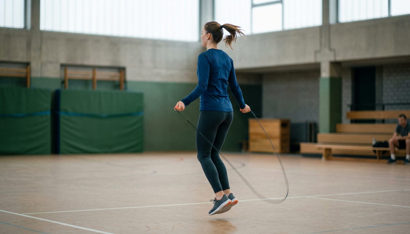 KI-generiertes Symbolbild: Athlet im schnellen Rhythmus beim Seilspringen, Thema Sporteignungstest Gießen