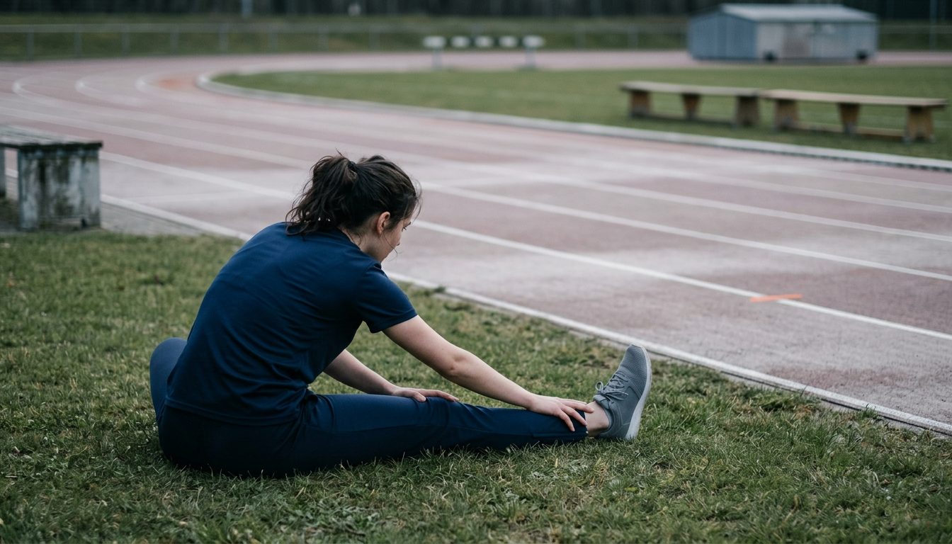 KI-generiertes Symbolbild: Studierende dehnt sich an der Laufbahn, Thema Sporteignungstest Marburg