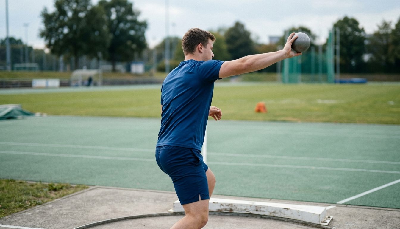 KI-generiertes Symbolbild: Athlet im Abstoß der Kugel im Freien, Thema Sporteignungsprüfung Darmstadt