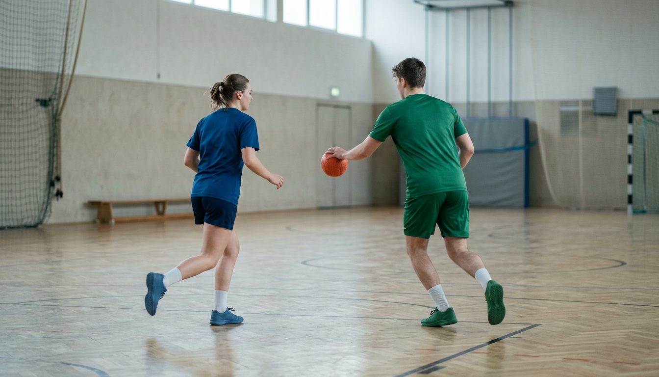 KI-generiertes Symbolbild: Spieler im Sprungwurf auf das Handballtor, Thema Sporteingangsprüfung Stuttgart
