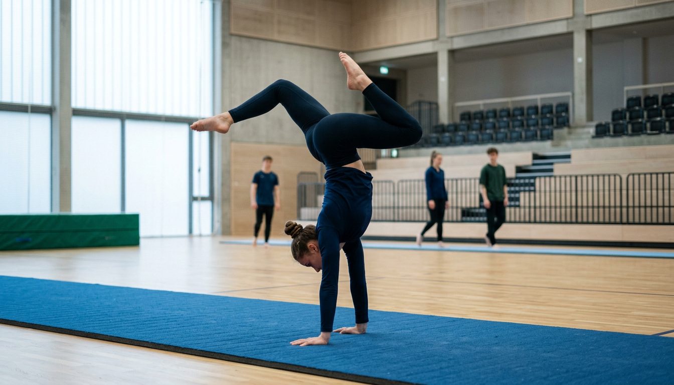 KI-generiertes Symbolbild: Turnerin im Handstand auf der Bodenmatte, Thema Sporteignungstest Freiburg