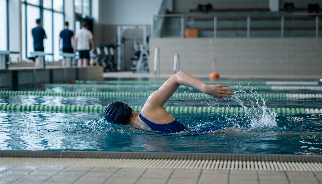 KI-generiertes Symbolbild: Schwimmerin im Kraulzug im Hallenbad, Thema Sporteignungstest Heidelberg