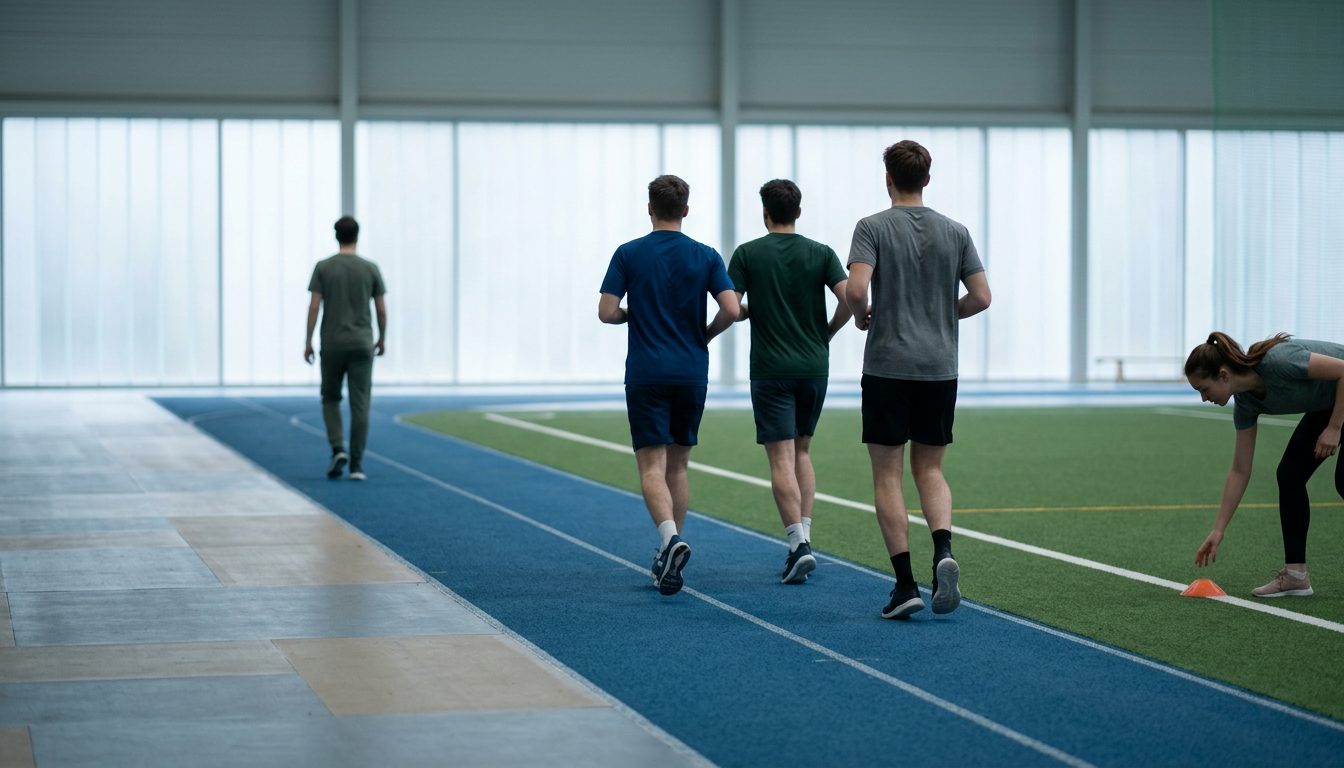 KI-generiertes Symbolbild: Sprinterin im Tiefstart auf der Freiluftbahn, Thema Sporteignungstest Karlsruhe (KIT)