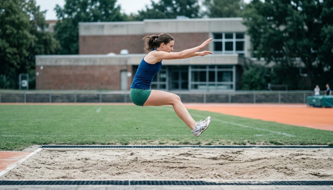 KI-generiertes Symbolbild: Athlet in der Flugphase des Weitsprungs, Thema Sporteignungstest Konstanz