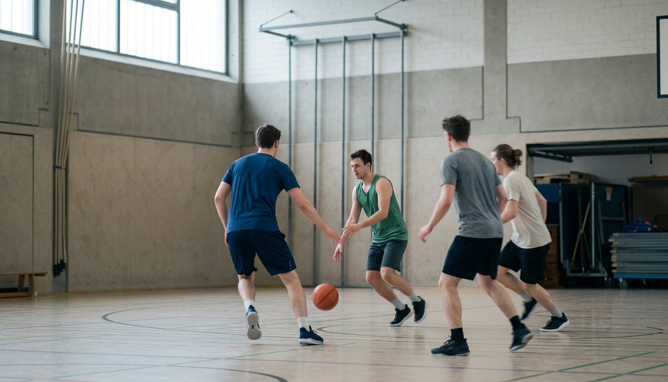 KI-generiertes Symbolbild: Kleingruppe beim Basketball in der Halle, Thema Sporteignungstest PH Karlsruhe