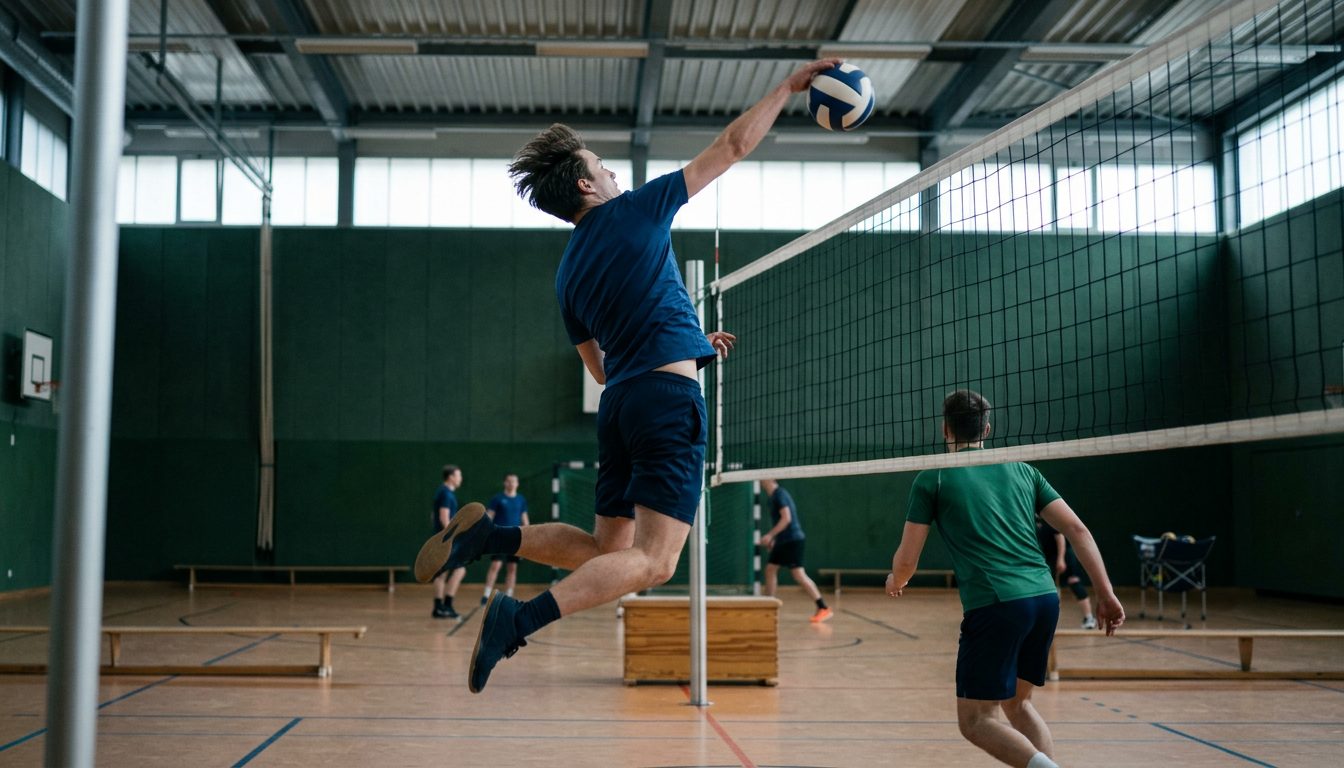 KI-generiertes Symbolbild: Spieler im Sprung am Volleyballnetz, Thema Sporteignungstest PH Freiburg