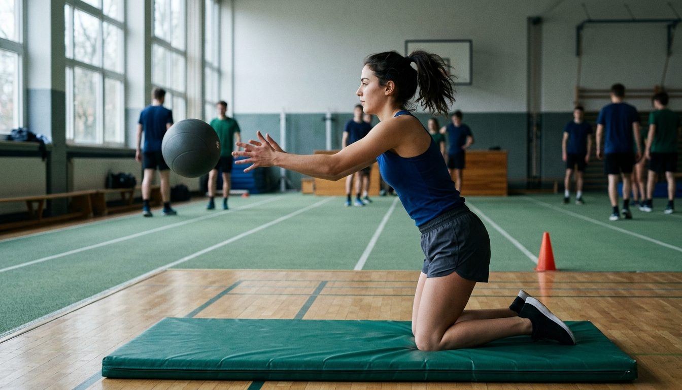 KI-generiertes Symbolbild: Athlet beim Medizinballstoß auf der Matte, Thema Sporteignungstest PH Heidelberg