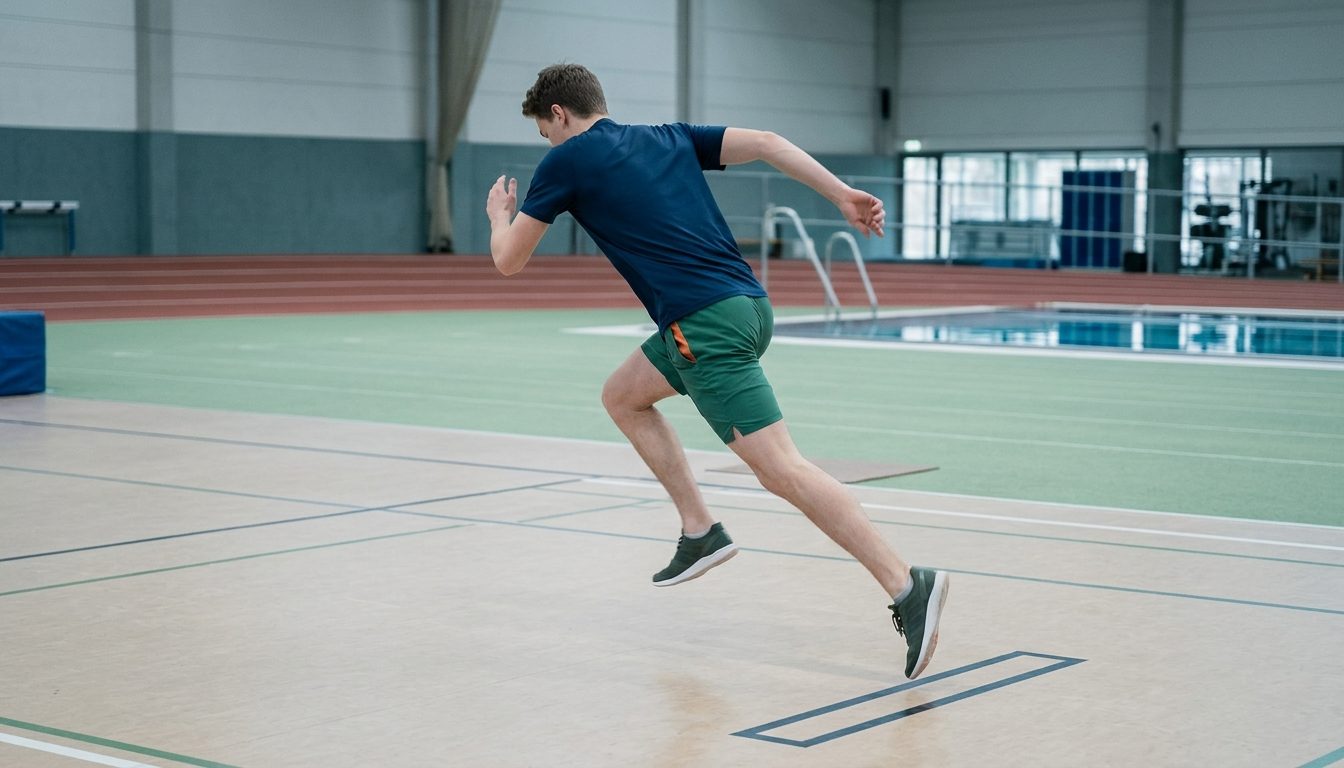 KI-generiertes Symbolbild: Athlet im Absprung des Standweitsprungs, Thema Sporteignungsprüfung PH Weingarten