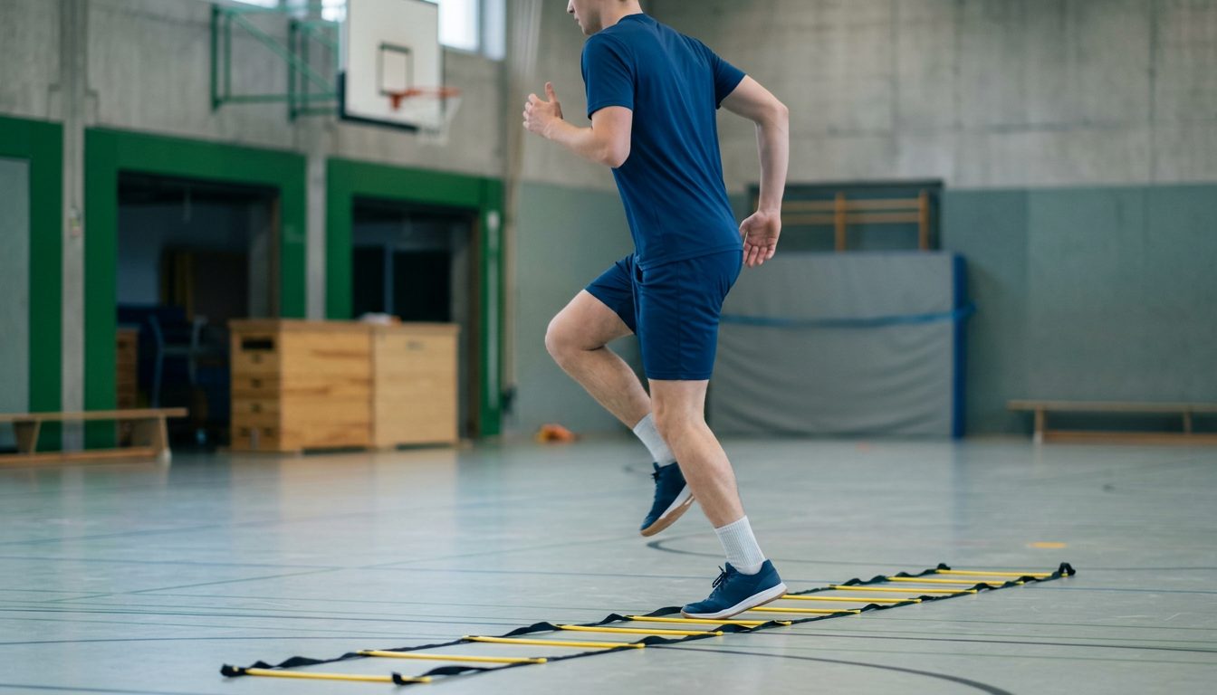 KI-generiertes Symbolbild: Athlet in der Koordinationsleiter, Thema Sporteignungsprüfung PH Schwäbisch Gmünd