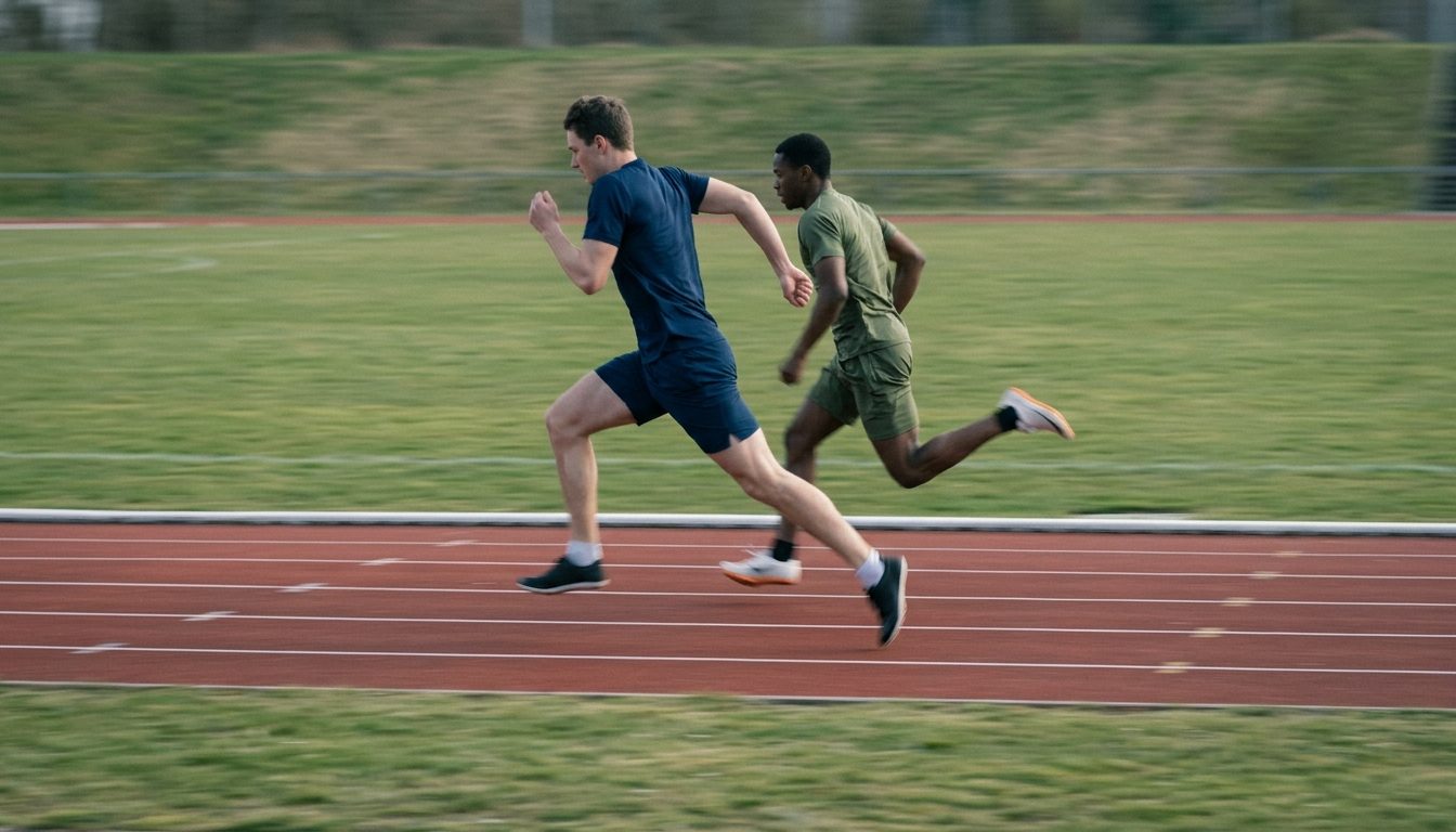 KI-generiertes Symbolbild: Zwei Sprinter im vollen Lauf auf der Bahn, Thema Sporteignungstest München (TUM)