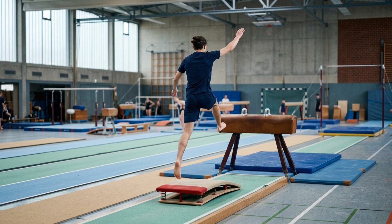 KI-generiertes Symbolbild: Athlet beim Absprung zum Sprungtisch, Thema Sporteignungstest Augsburg