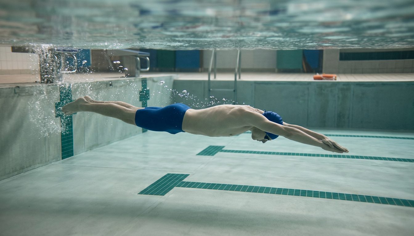 KI-generiertes Symbolbild: Schwimmerin beim Abstoß von der Wand, Thema Sporteignungstest Bayreuth