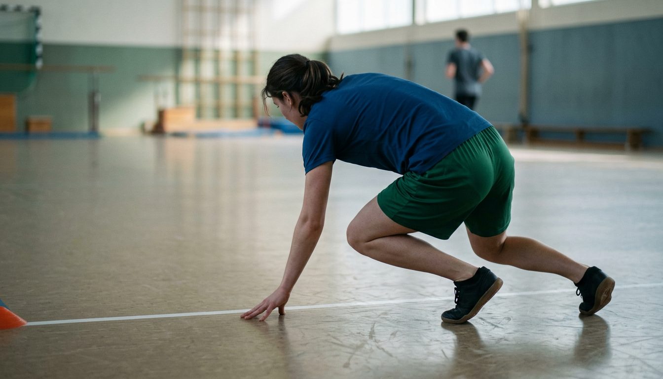 KI-generiertes Symbolbild: Läufer bei der Wende an der Bodenlinie, Thema Sporteignungstest Erlangen